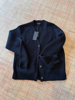 Women’s Navy Ribbed Button-Front Cardigan Sweater - Merino Wool